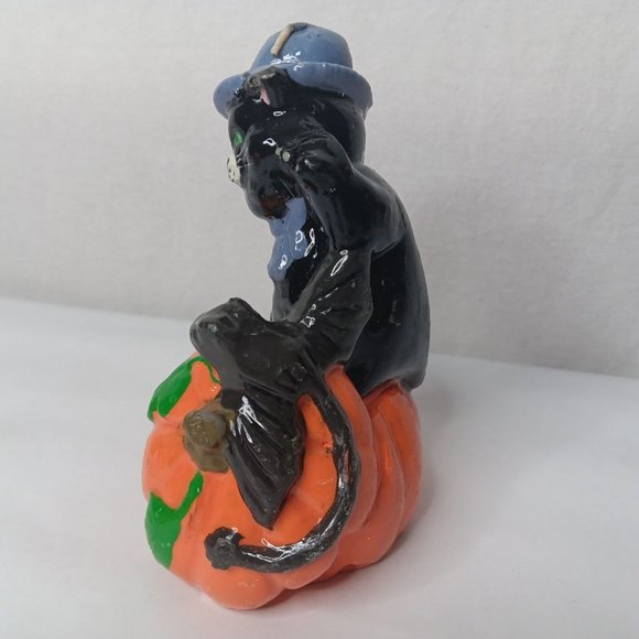 Vintage 1980s Halloween Wax Candles 2 Kitschy Pumpkins Black Cat Bat Decor - Picture 6 of 16